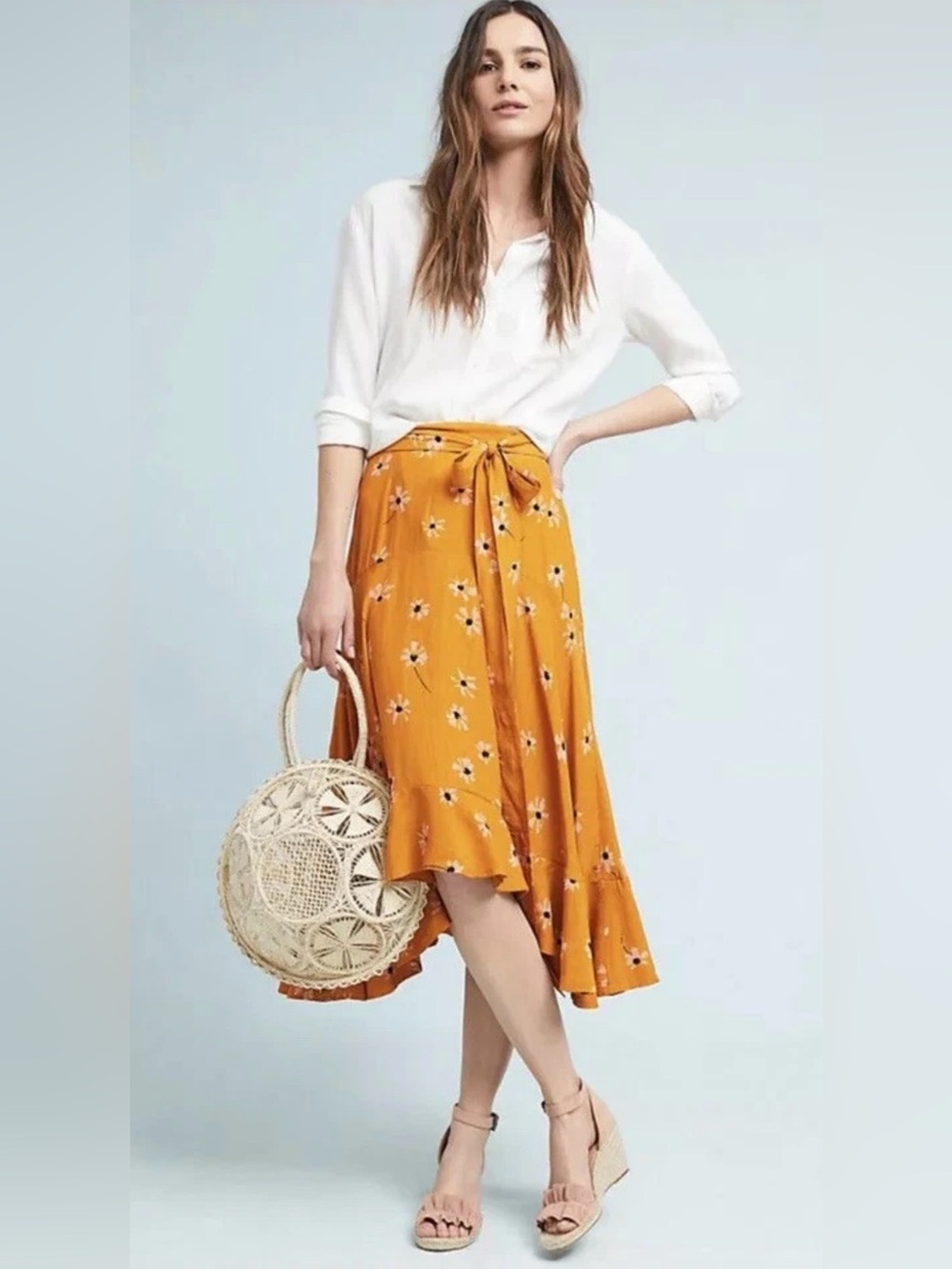 Faithfull the Brand Mustard Floral High-Low Tie-Waist Skirt